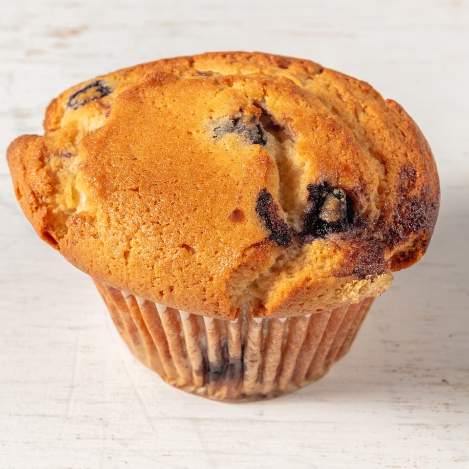 A golden-brown blueberry muffin in a paper liner, with visible blueberries, on a white wooden surface.